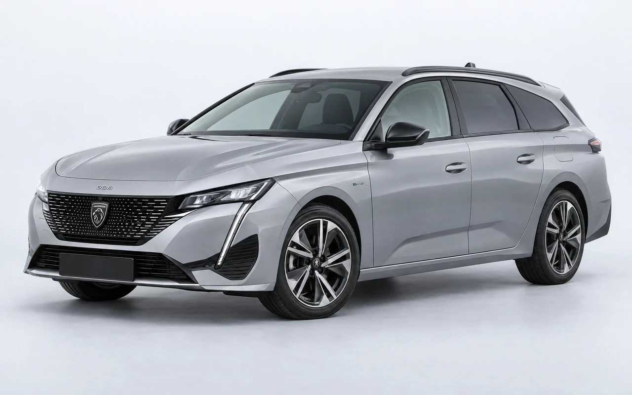 AI-genereret illustration af en sølvgrå Peugeot 308 SW e-Hybrid, set skråt forfra.