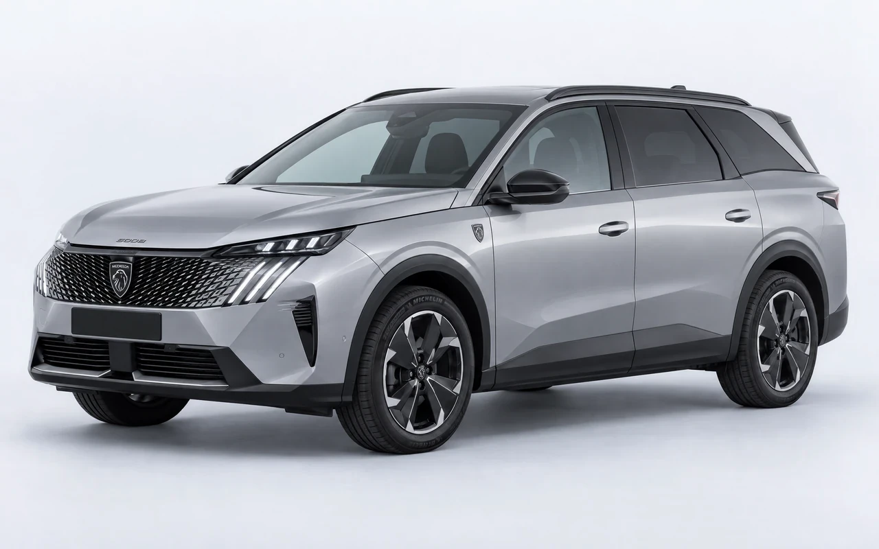 AI-genereret illustration af en sølvgrå Peugeot E-5008, set skråt forfra.