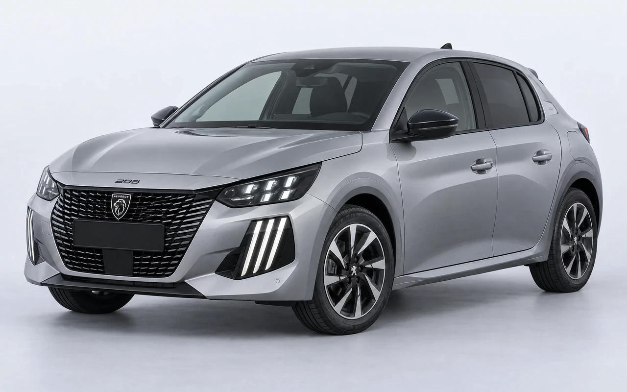 AI-genereret illustration af en sølvgrå Peugeot e-208, set skråt forfra.