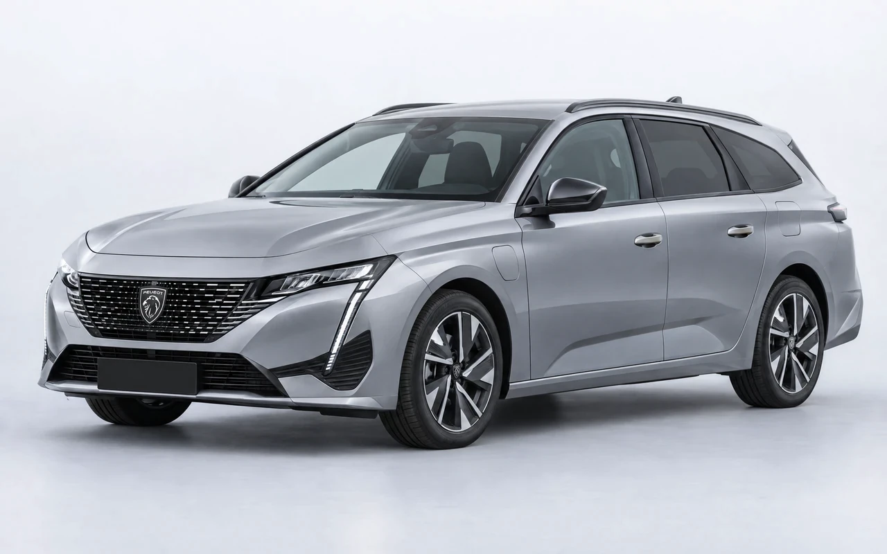 AI-genereret illustration af en sølvgrå Peugeot e-308 SW, set skråt forfra.