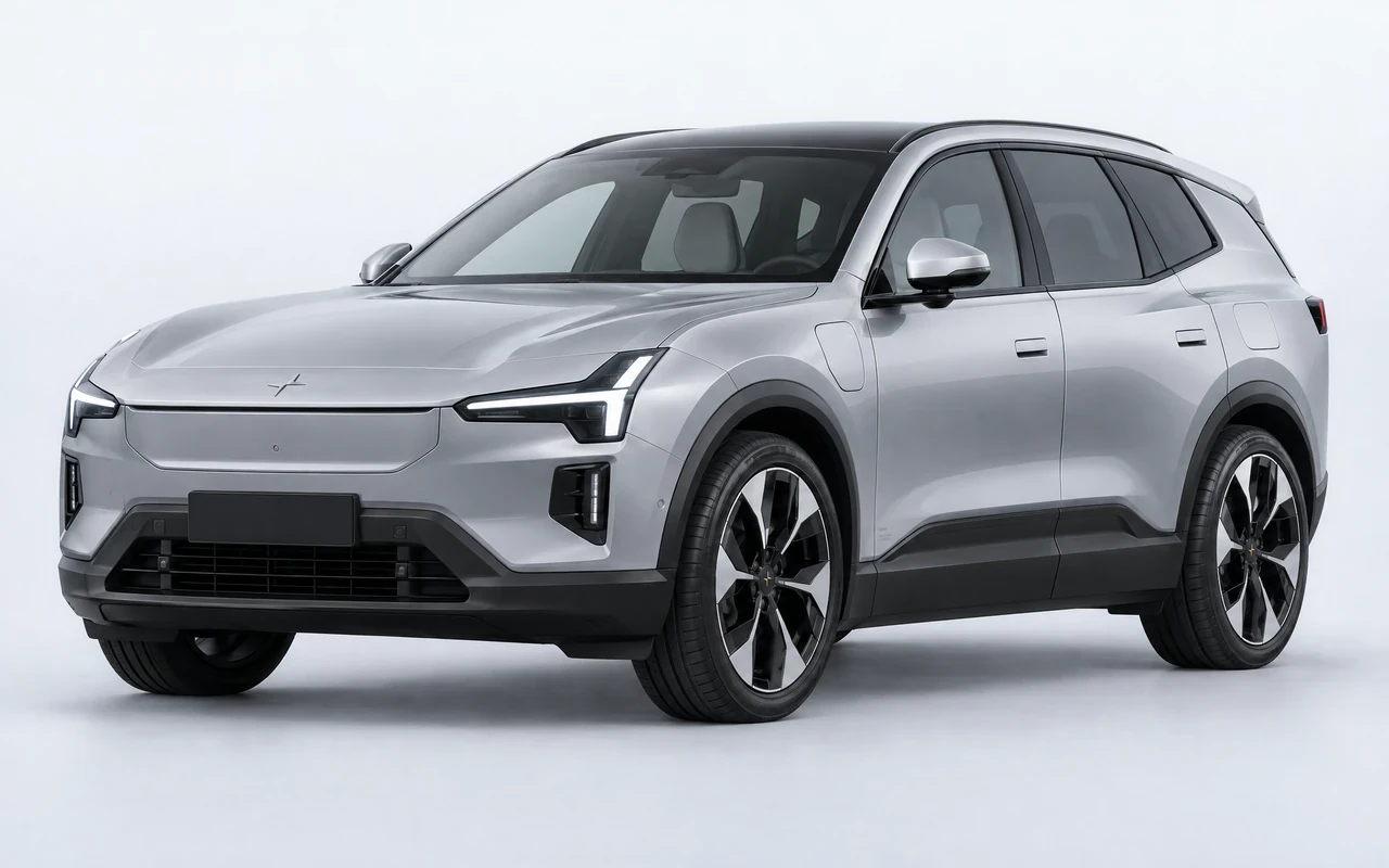 AI-genereret illustration af en sølvgrå Polestar Polestar 3, set skråt forfra.
