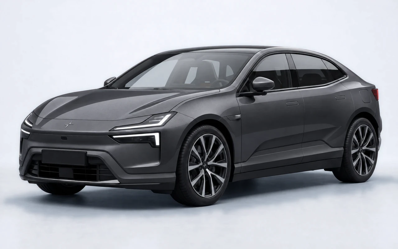 AI-genereret illustration af en mørkegrå Polestar 4 Dual Motor, set skråt forfra.