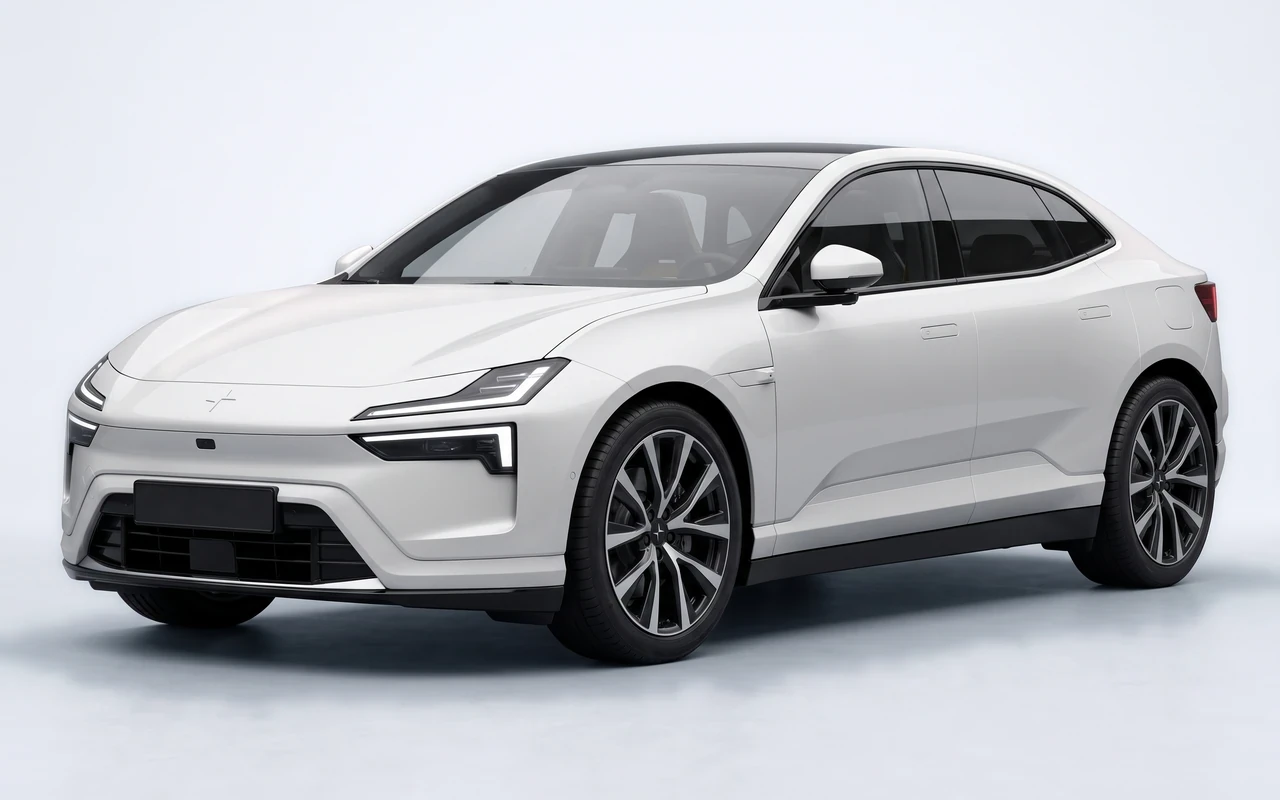 AI-genereret illustration af en hvid Polestar Polestar 4, set skråt forfra.