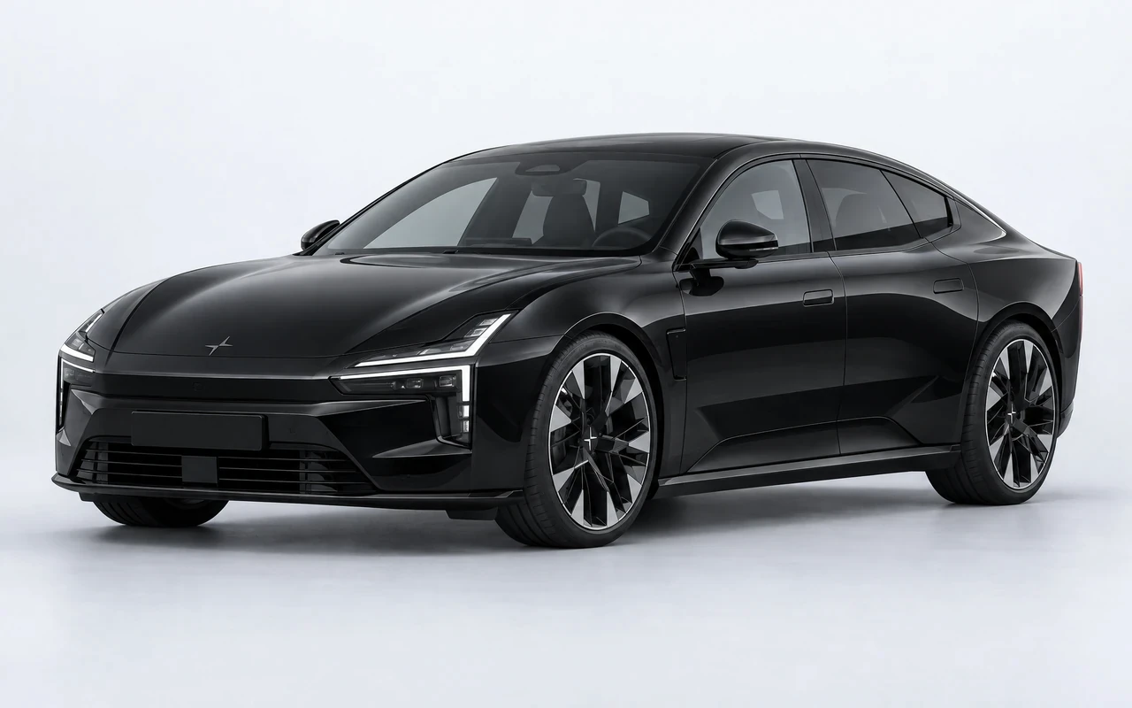 AI-genereret illustration af en sort Polestar Polestar 5, set skråt forfra.