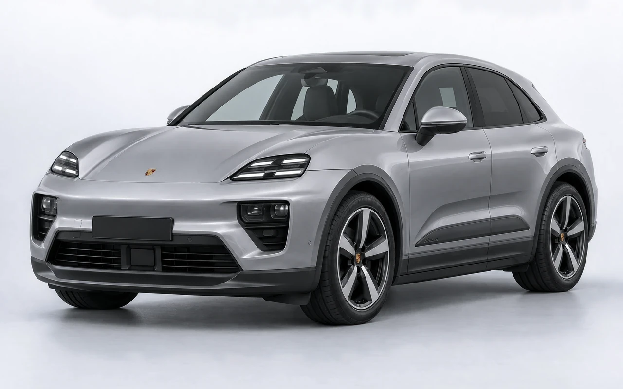AI-genereret illustration af en sølvgrå Porsche Macan Electric, set skråt forfra.