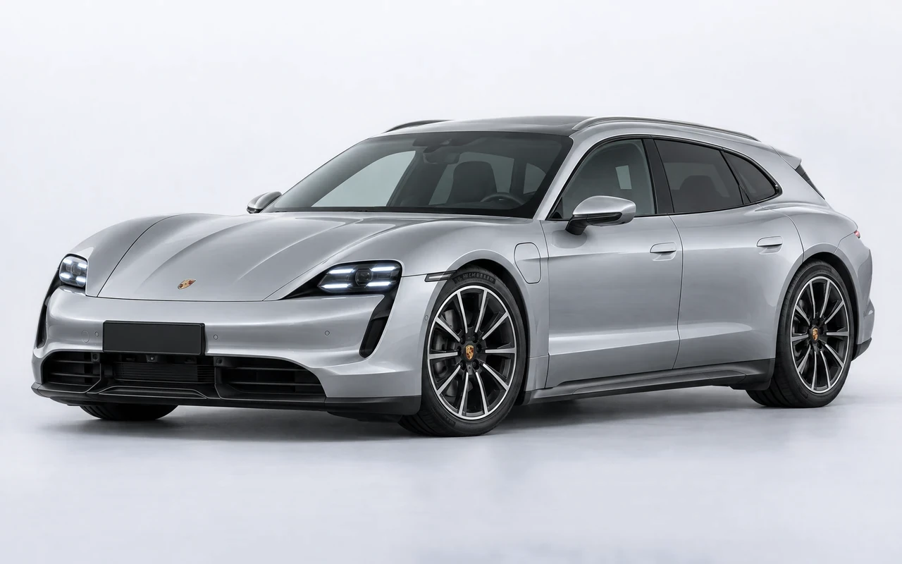 AI-genereret illustration af en sølvgrå Porsche Taycan Sport Turismo, set skråt forfra.