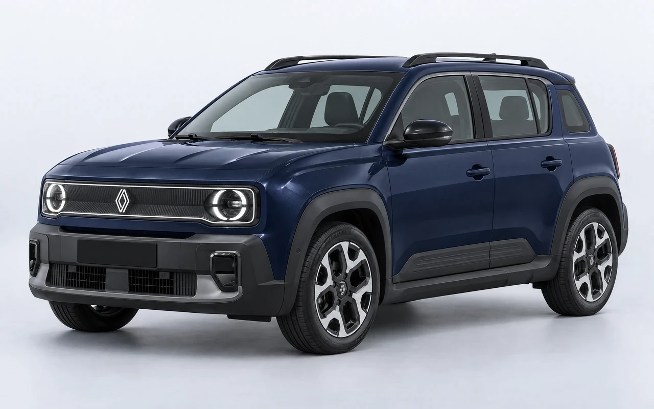 AI-genereret illustration af en mørkeblå Renault 4 E-Tech, set skråt forfra.