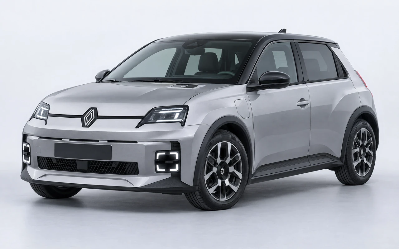 AI-genereret illustration af en sølvgrå Renault 5 E-Tech, set skråt forfra.