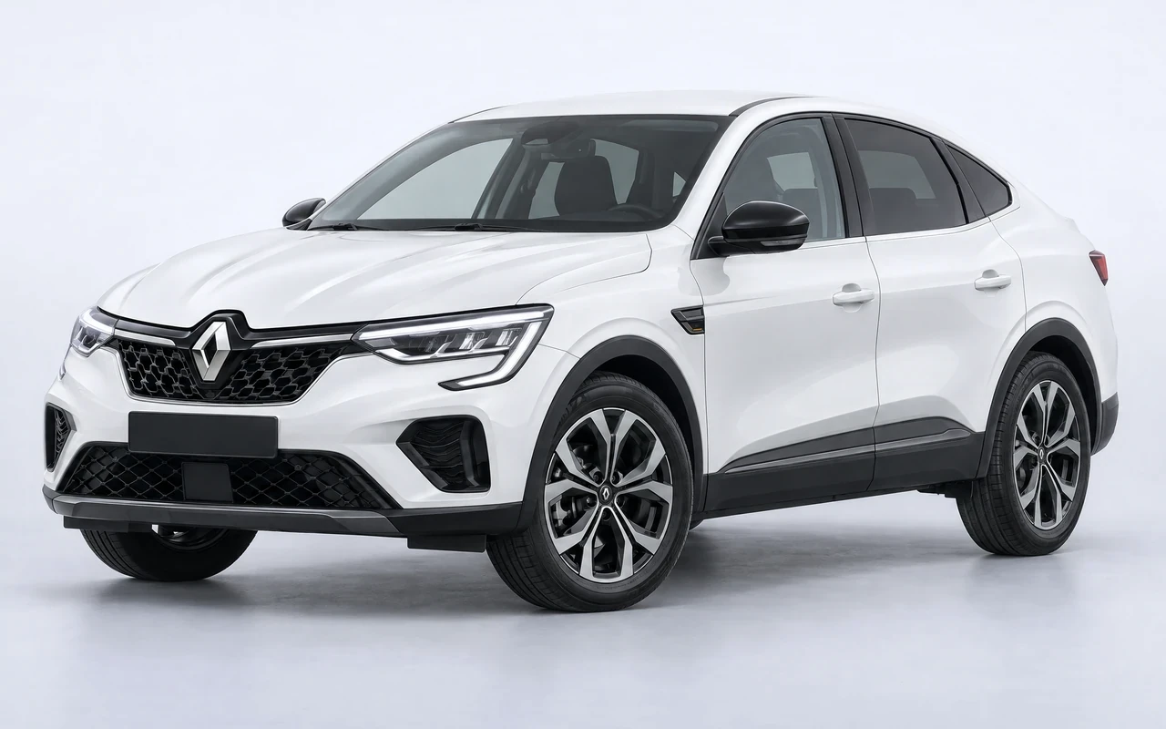 AI-genereret illustration af en hvid Renault Arkana, set skråt forfra.