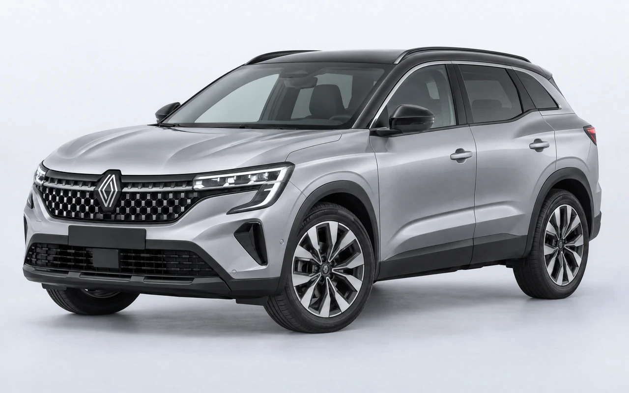 AI-genereret illustration af en sølvgrå Renault Austral E-Tech, set skråt forfra.