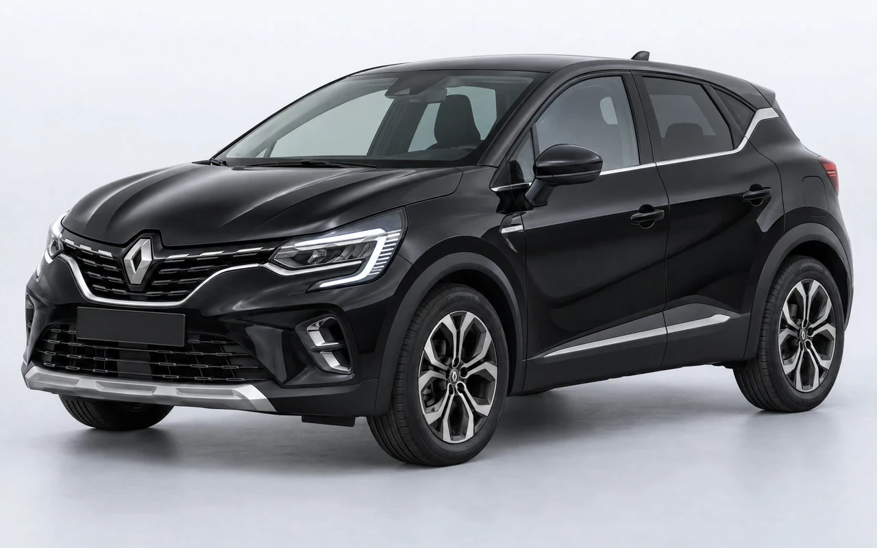 AI-genereret illustration af en sort Renault Captur E-Tech, set skråt forfra.