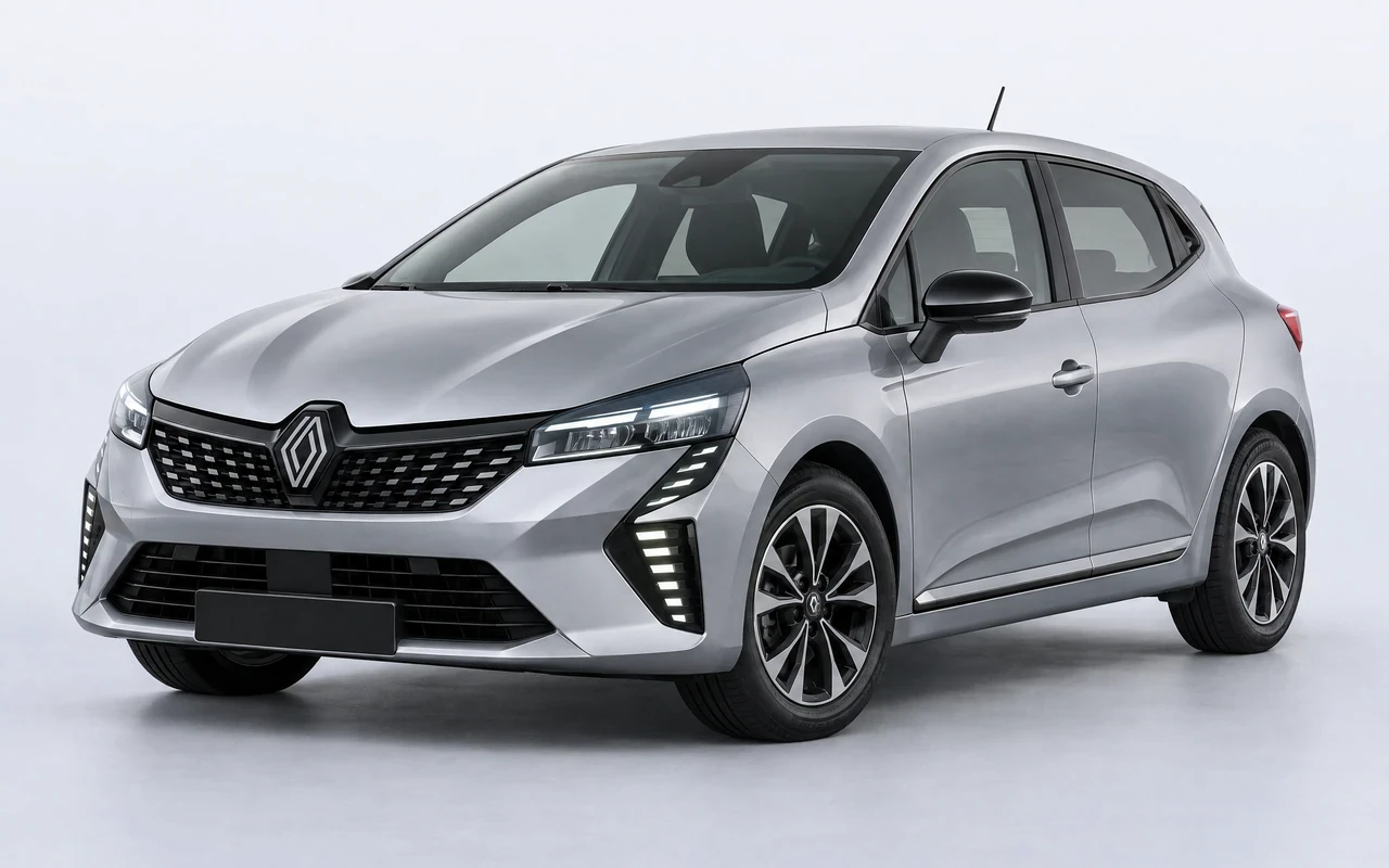 AI-genereret illustration af en sølvgrå Renault Clio E-Tech, set skråt forfra.