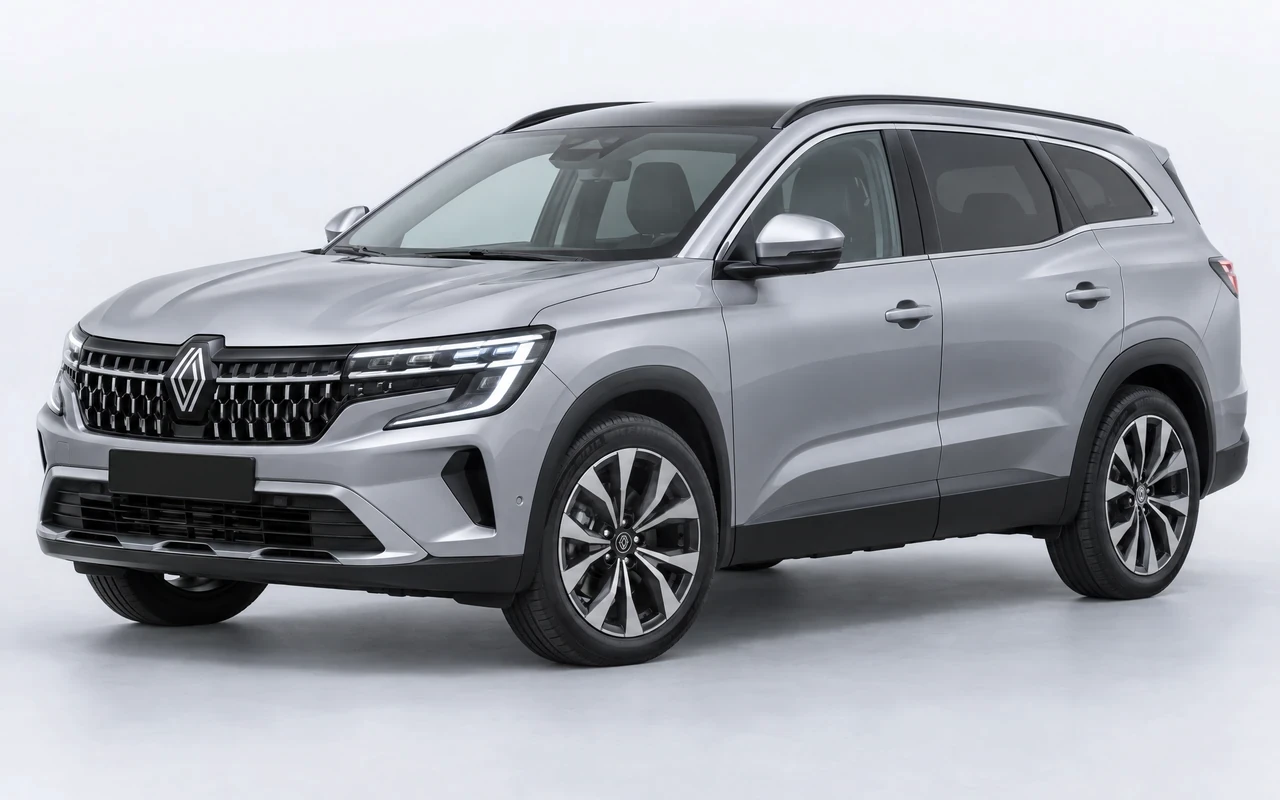 AI-genereret illustration af en sølvgrå Renault Espace E-Tech, set skråt forfra.