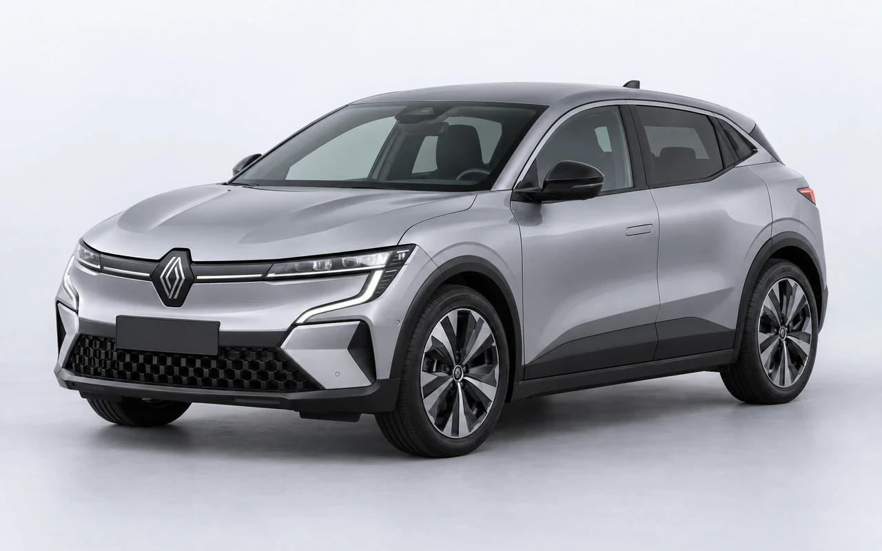 AI-genereret illustration af en sølvgrå Renault Megane E-Tech, set skråt forfra.
