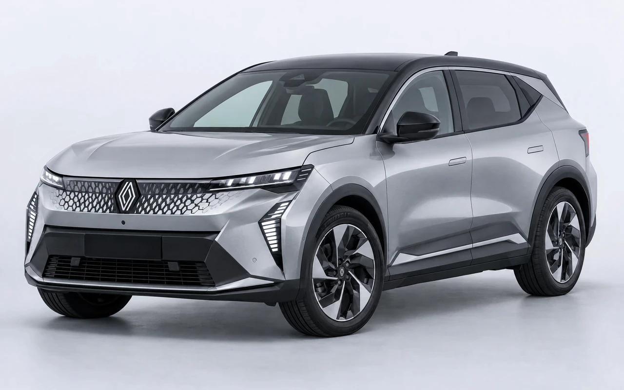 AI-genereret illustration af en sølvgrå Renault Scenic E-Tech, set skråt forfra.