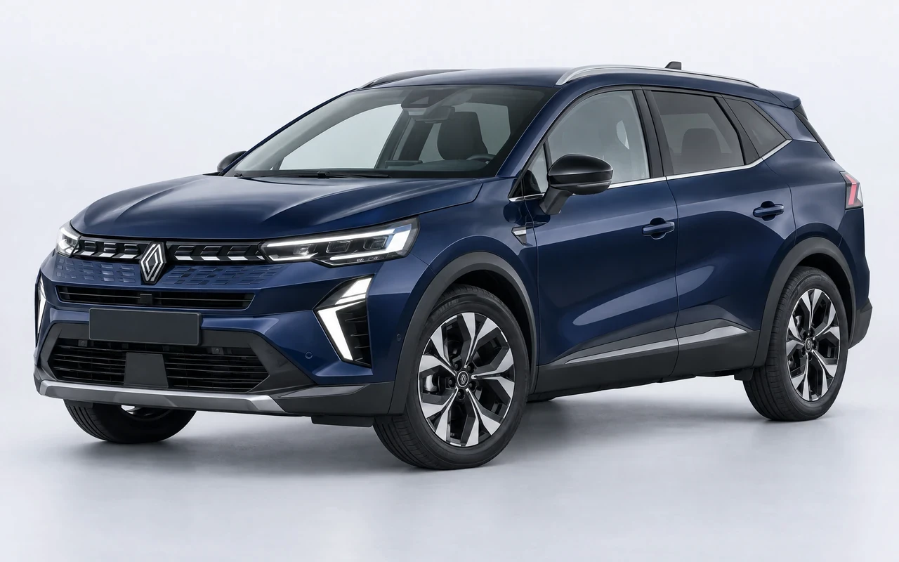 AI-genereret illustration af en mørkeblå Renault Symbioz E-Tech, set skråt forfra.