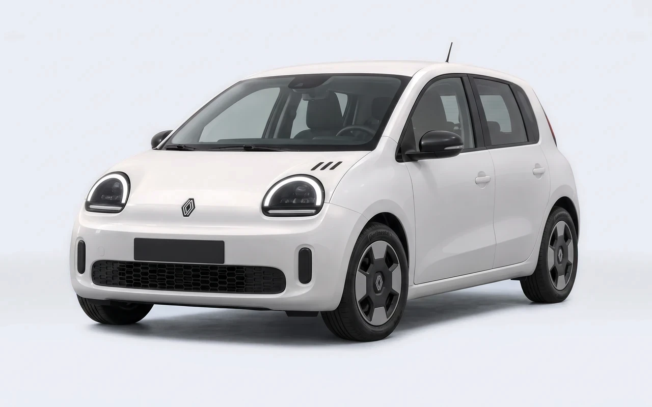 AI-genereret illustration af en hvid Renault Twingo E-Tech, set skråt forfra.
