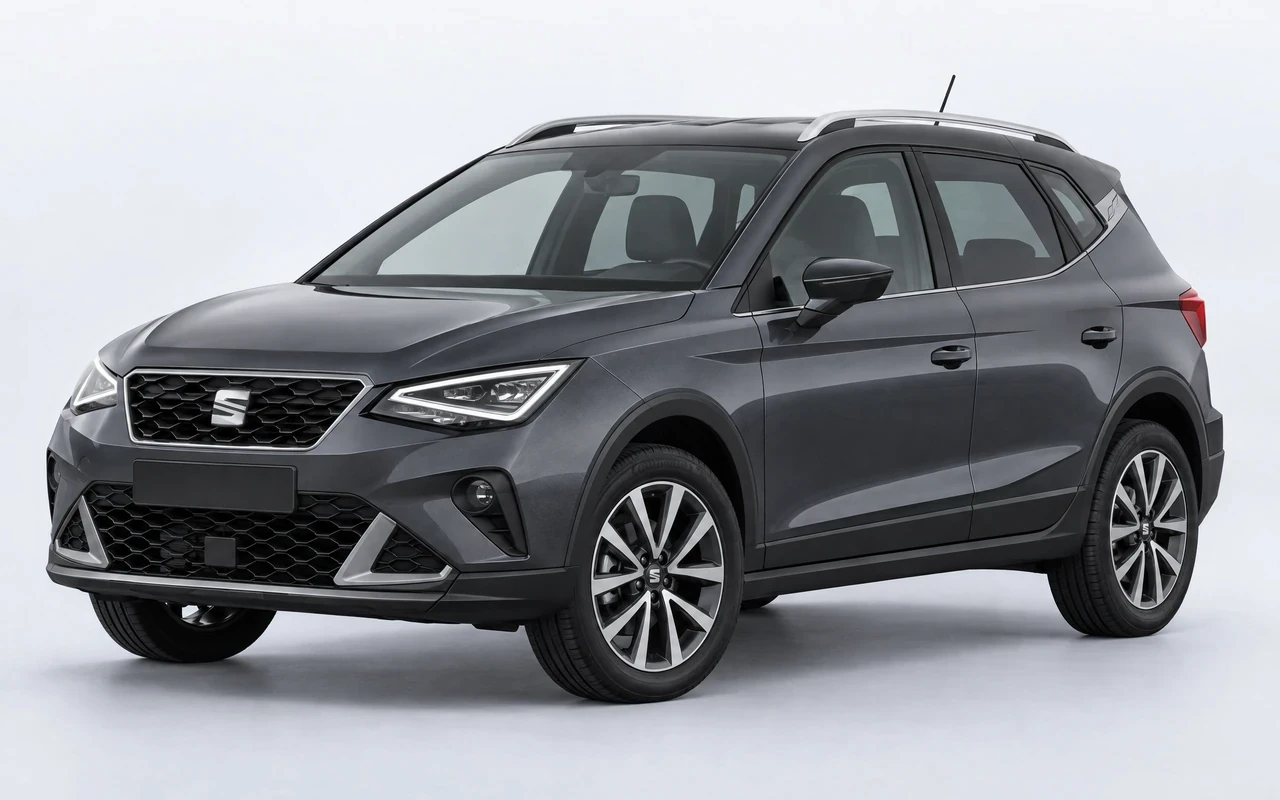 AI-genereret illustration af en mørkegrå Seat Arona, set skråt forfra.