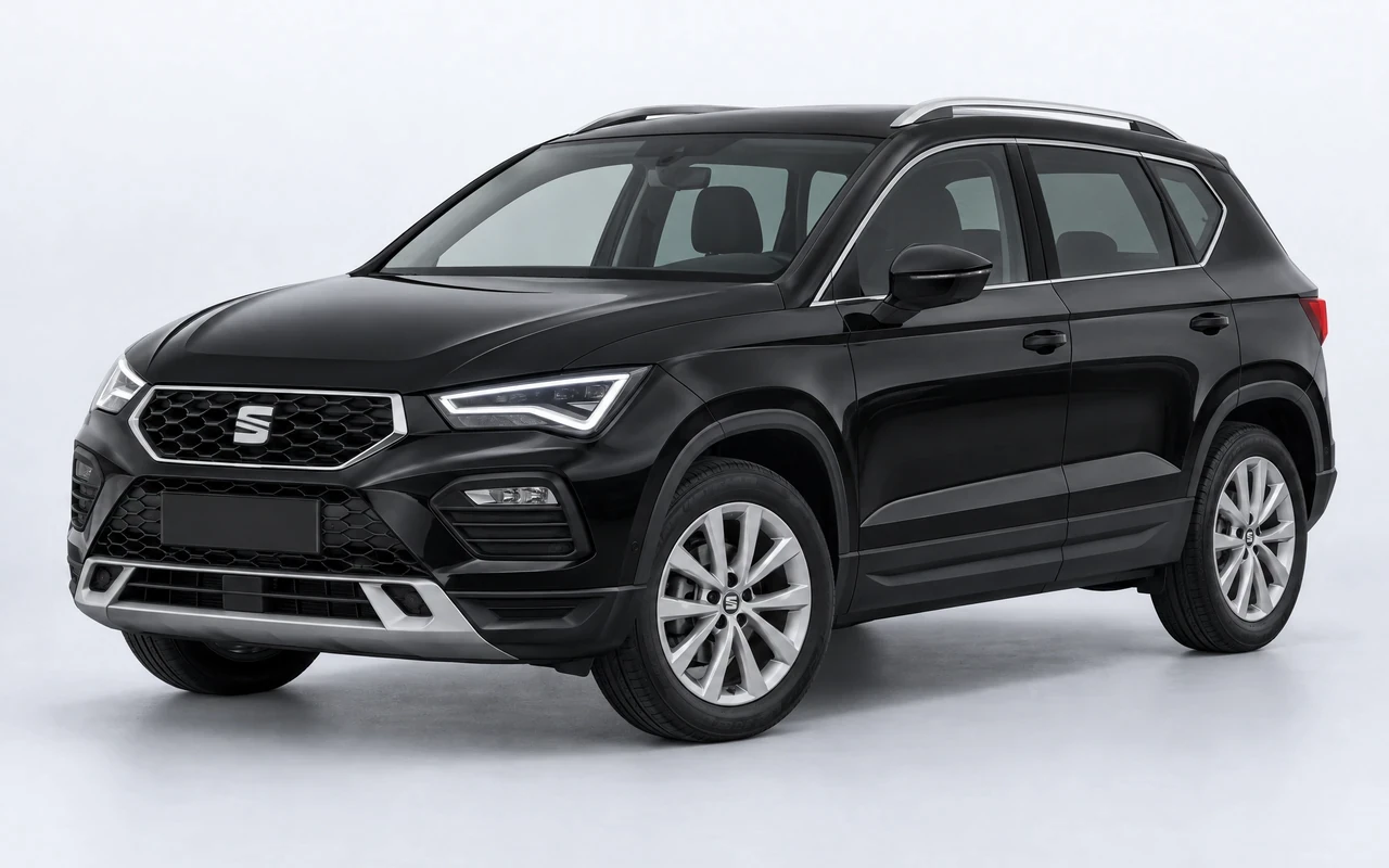 AI-genereret illustration af en sort Seat Ateca, set skråt forfra.