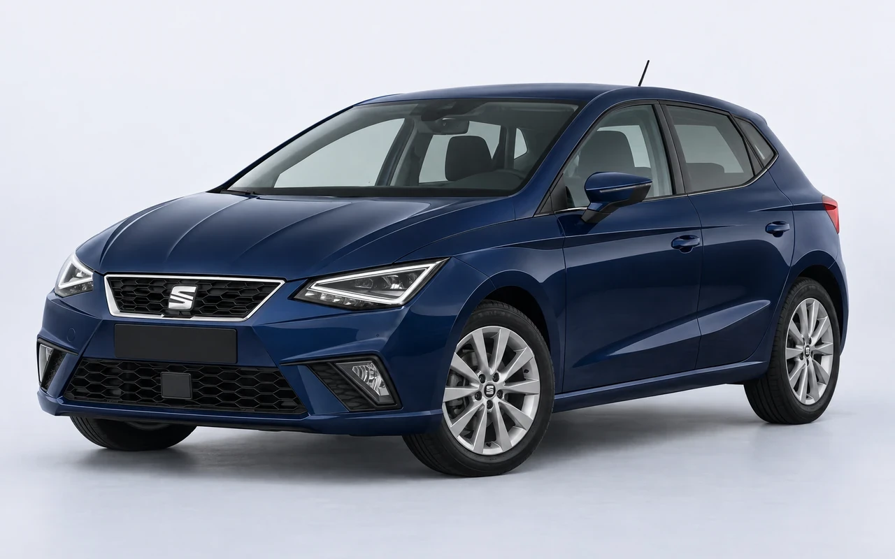 AI-genereret illustration af en mørkeblå Seat Ibiza, set skråt forfra.