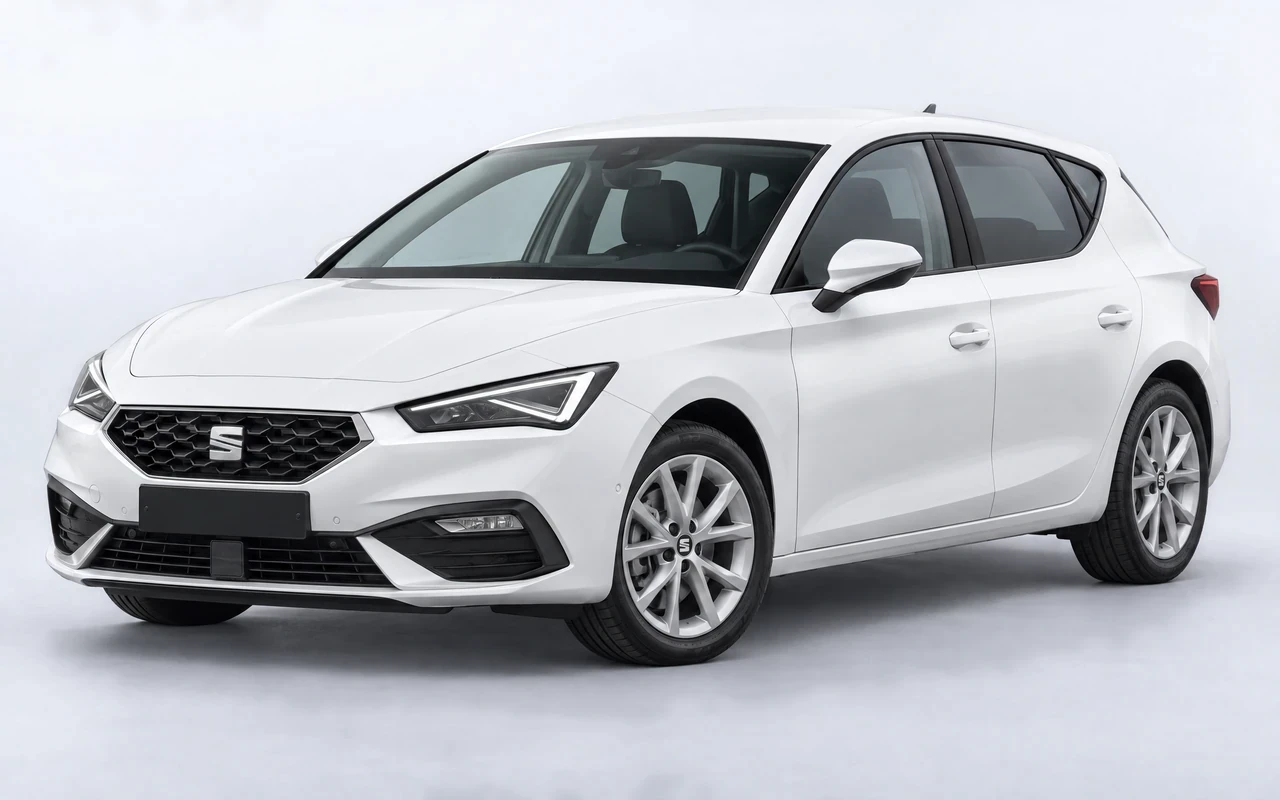 AI-genereret illustration af en hvid Seat Leon, set skråt forfra.