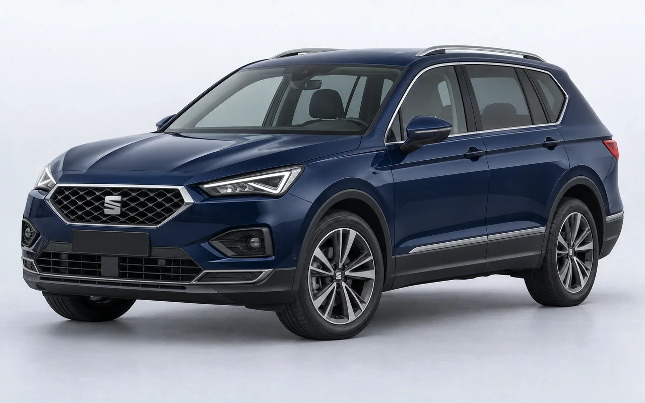 AI-genereret illustration af en mørkeblå Seat Tarraco, set skråt forfra.