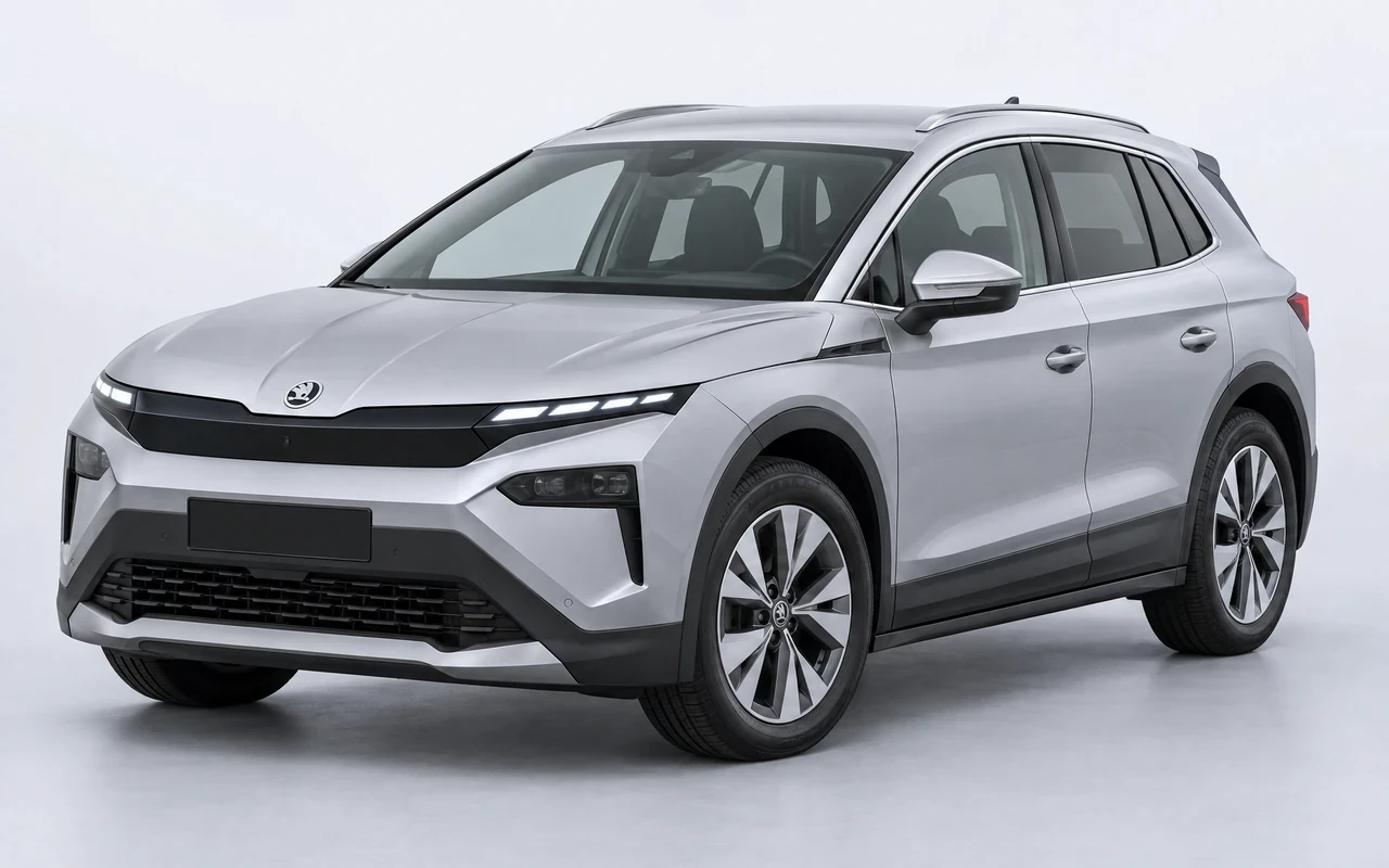 AI-genereret illustration af en sølvgrå Skoda Elroq, set skråt forfra.