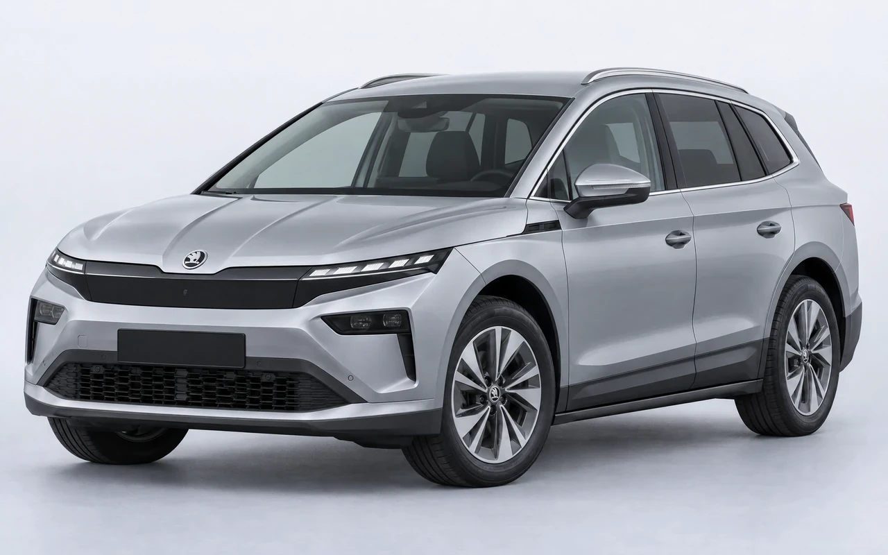 AI-genereret illustration af en sølvgrå Skoda Enyaq, set skråt forfra.