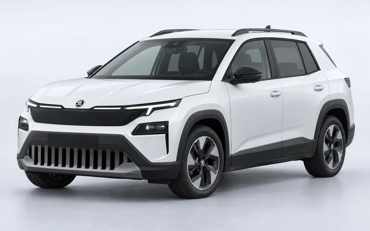 AI-genereret illustration af en hvid Skoda Epiq, set skråt forfra.