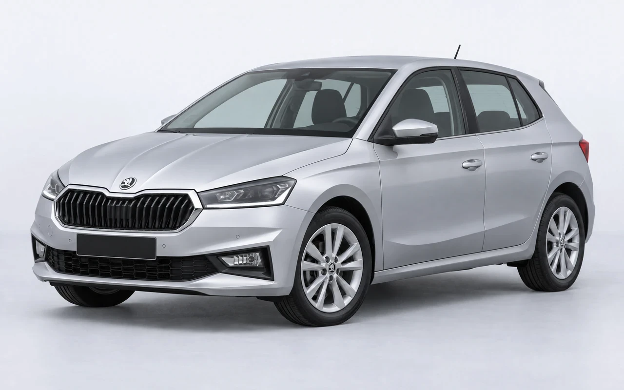 AI-genereret illustration af en sølvgrå Skoda Fabia, set skråt forfra.