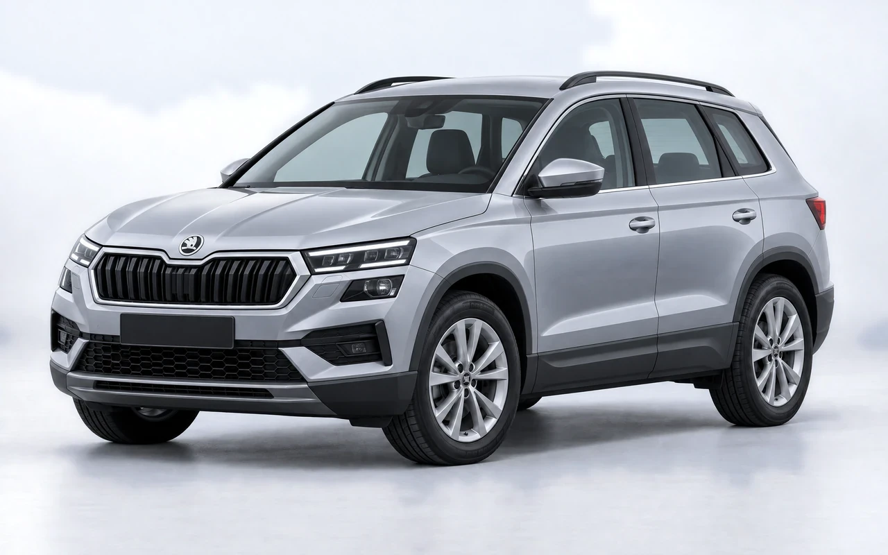 AI-genereret illustration af en sølvgrå Skoda Karoq, set skråt forfra.