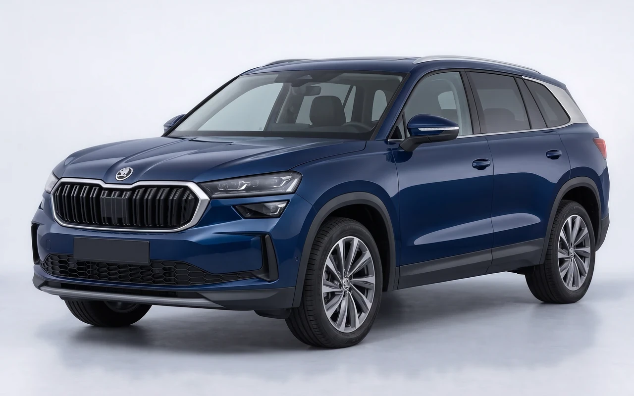 AI-genereret illustration af en mørkeblå Skoda Kodiaq, set skråt forfra.
