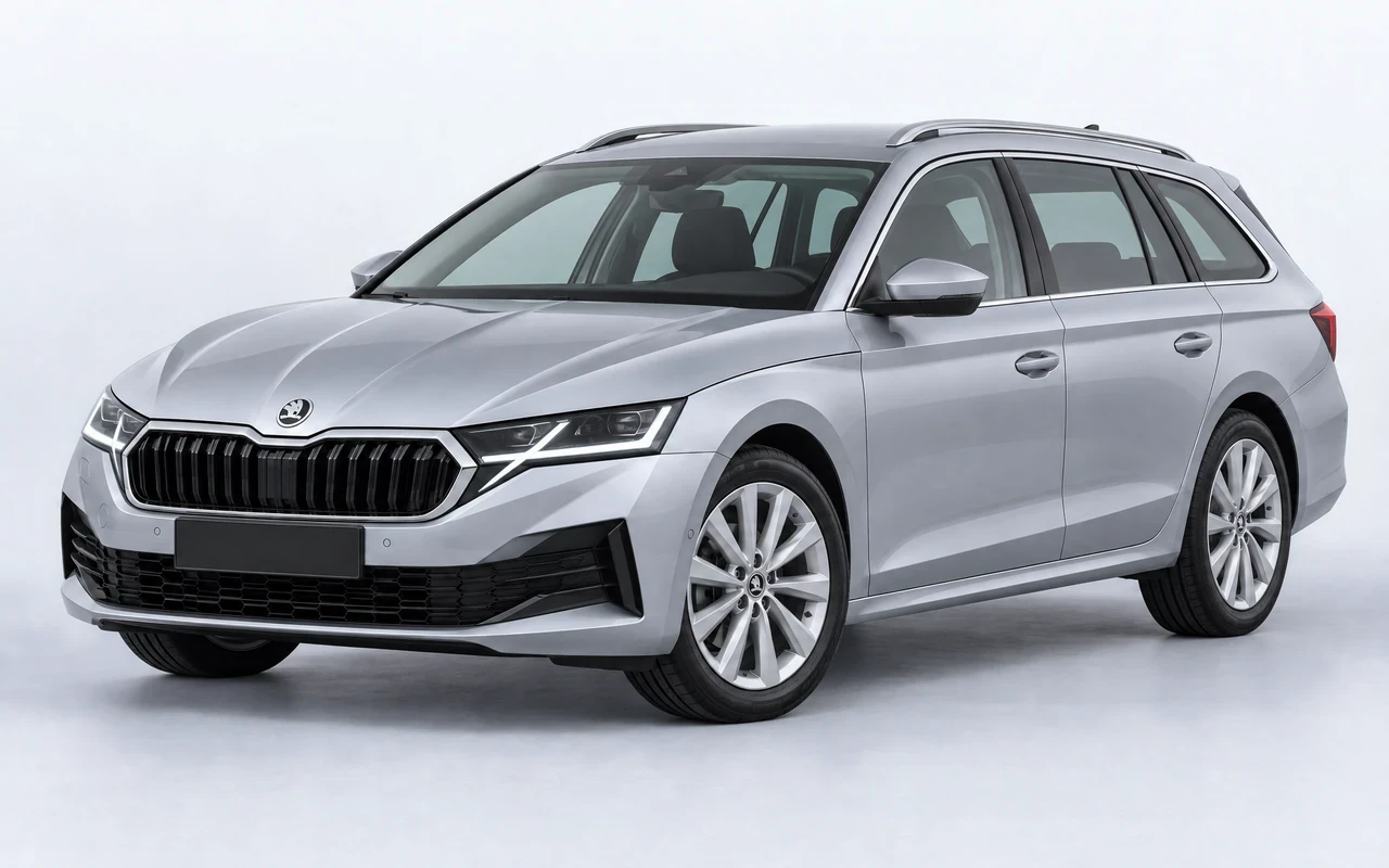AI-genereret illustration af en sølvgrå Skoda Octavia Combi, set skråt forfra.