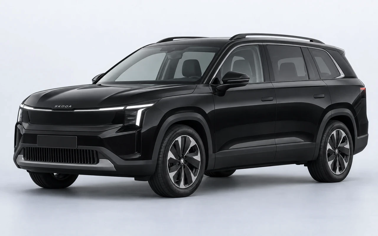 AI-genereret illustration af en sort Skoda Peaq, set skråt forfra.