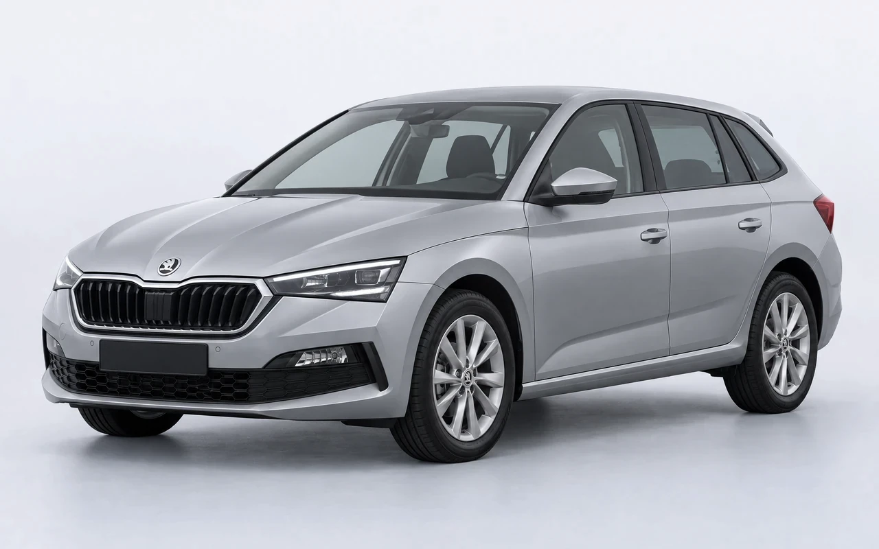 AI-genereret illustration af en sølvgrå Skoda Scala, set skråt forfra.
