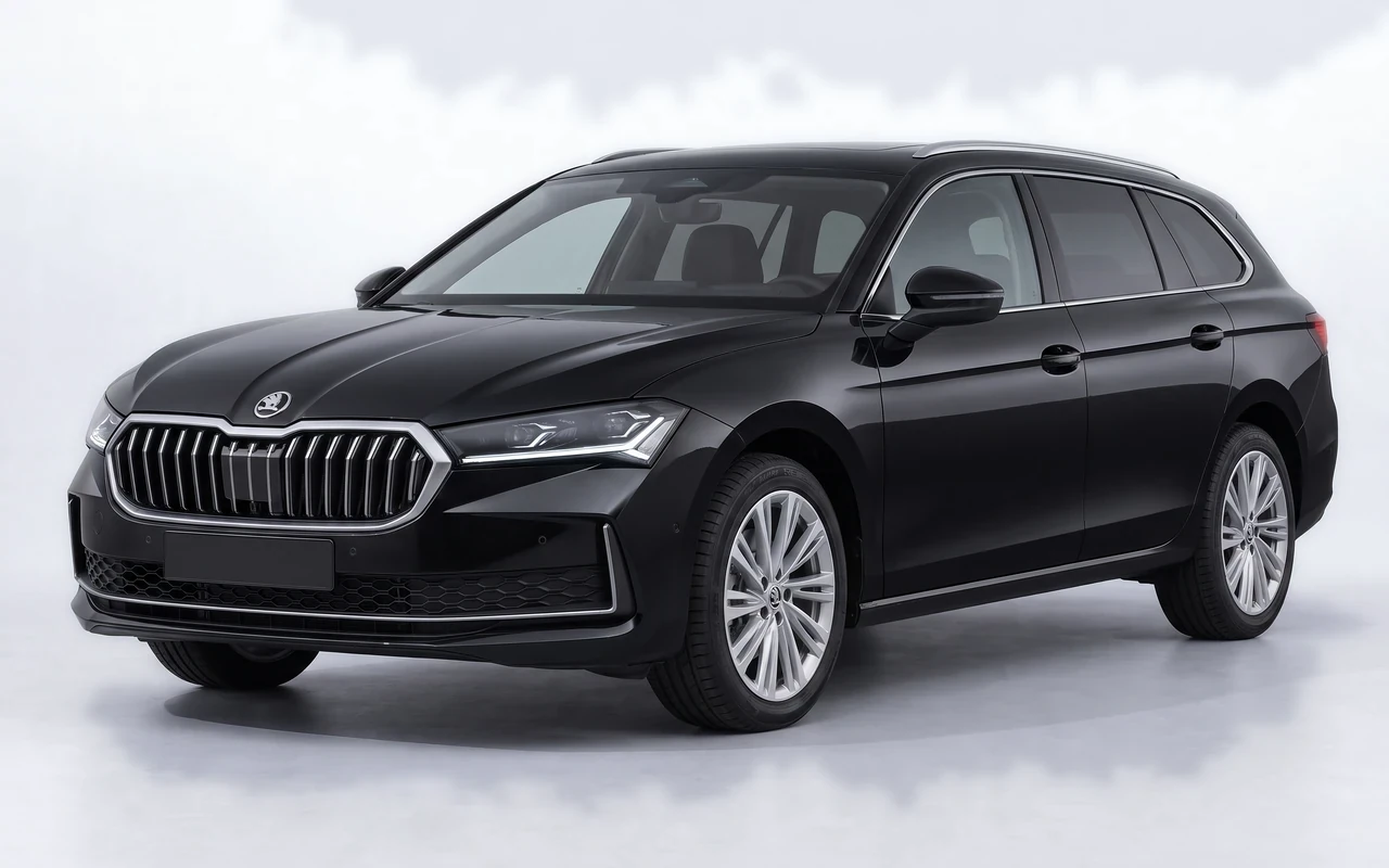 AI-genereret illustration af en sort Skoda Superb Combi, set skråt forfra.