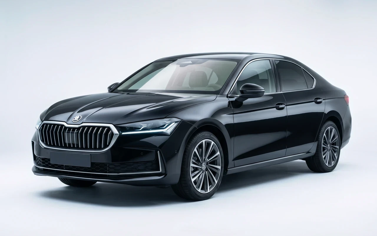 AI-genereret illustration af en sort Skoda Superb iV, set skråt forfra.
