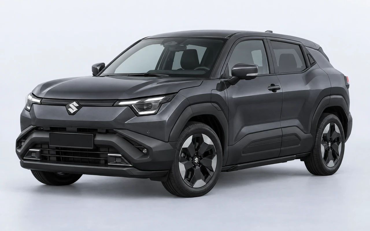 AI-genereret illustration af en mørkegrå Suzuki e-Vitara, set skråt forfra.