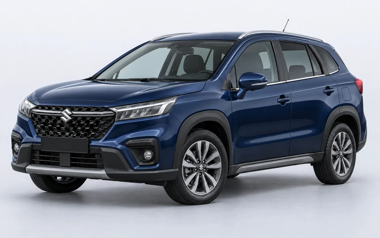 AI-genereret illustration af en mørkeblå Suzuki S-Cross, set skråt forfra.