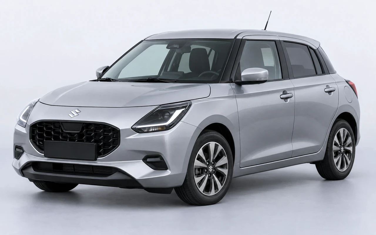 AI-genereret illustration af en sølvgrå Suzuki Swift, set skråt forfra.