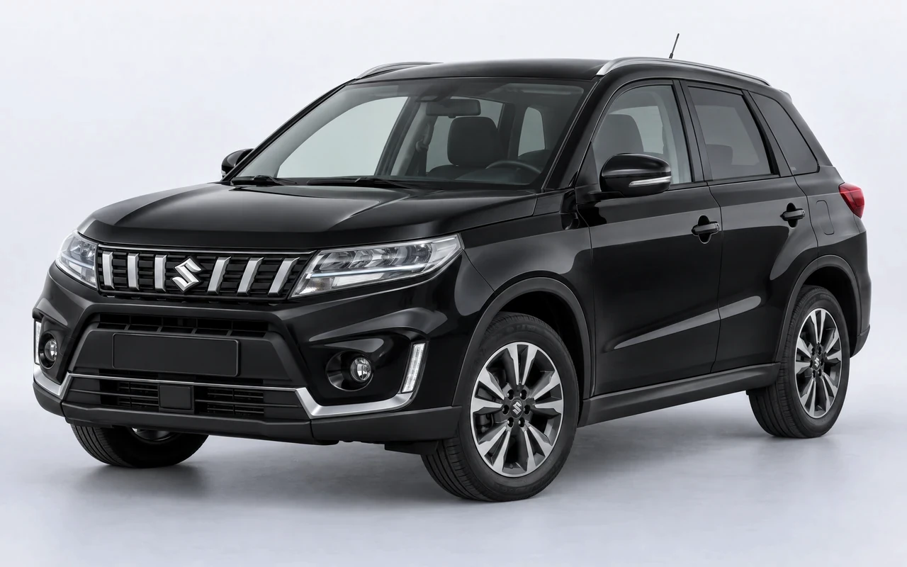 AI-genereret illustration af en sort Suzuki Vitara, set skråt forfra.