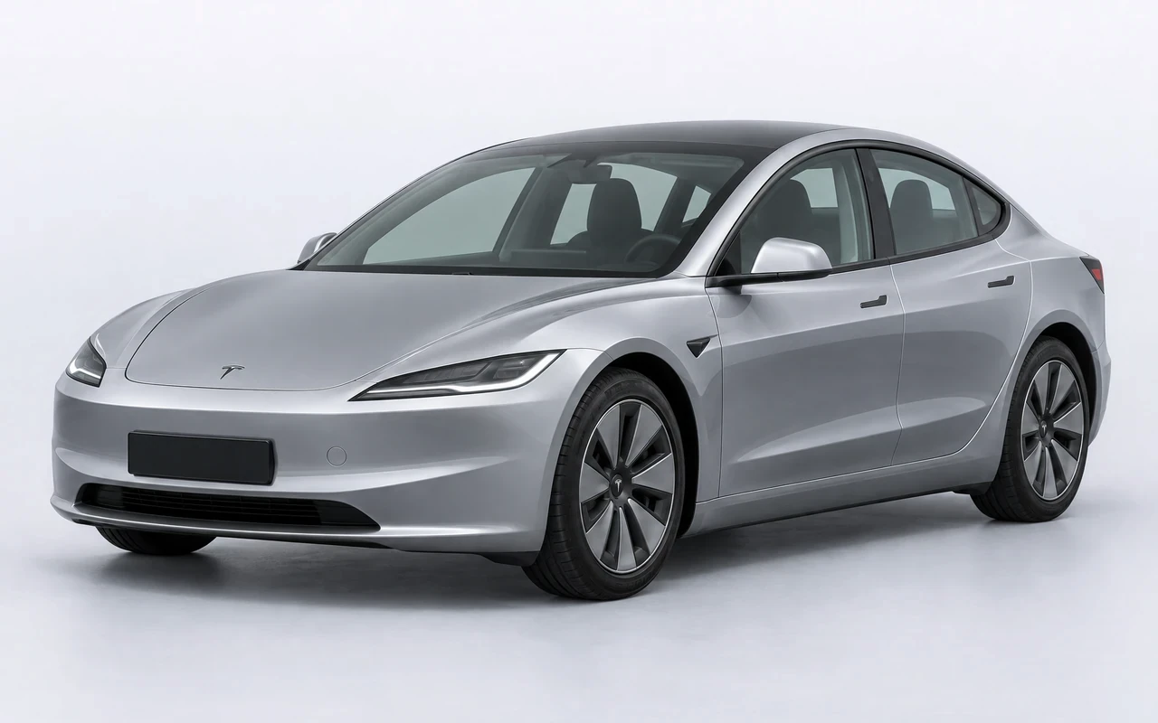 AI-genereret illustration af en sølvgrå Tesla Model 3, set skråt forfra.