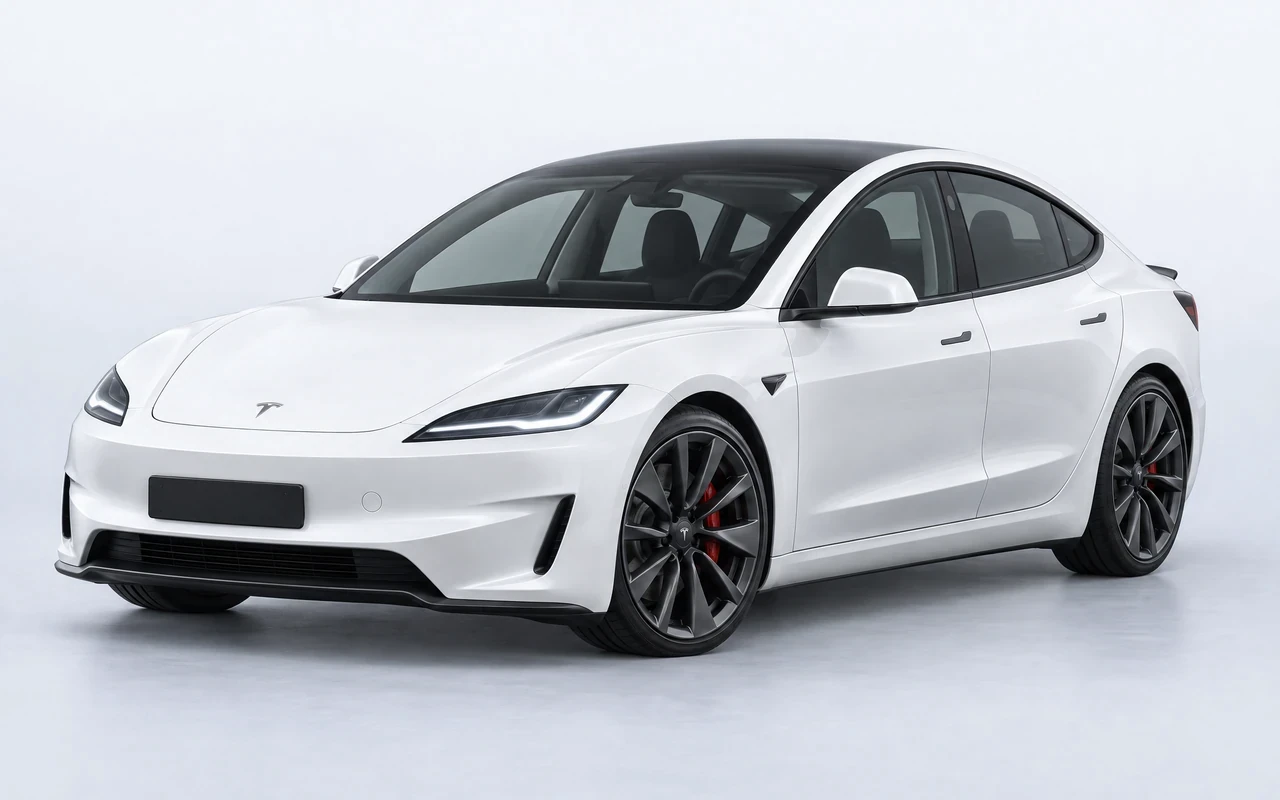 AI-genereret illustration af en hvid Tesla Model 3 Performance, set skråt forfra.