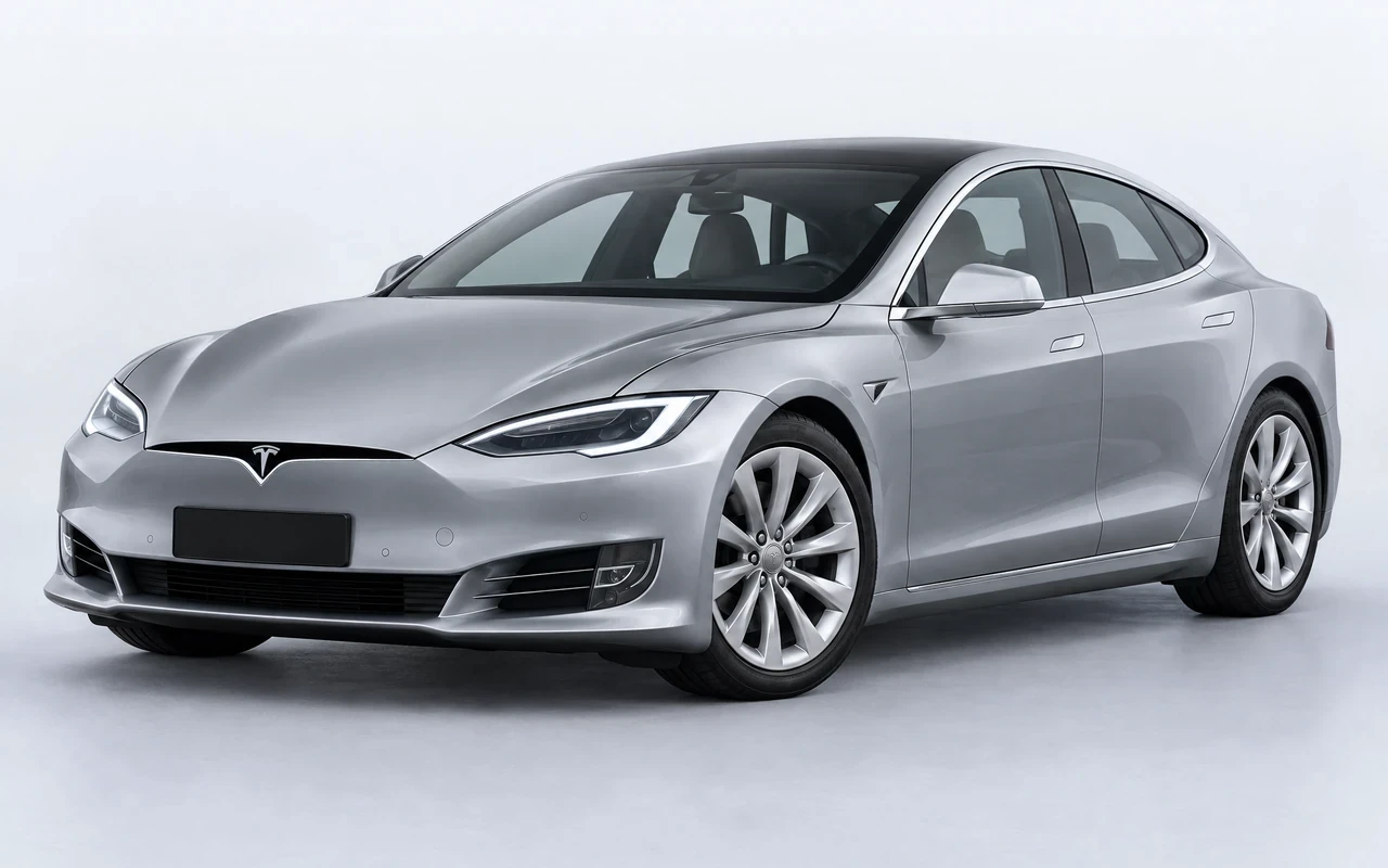 AI-genereret illustration af en sølvgrå Tesla Model S, set skråt forfra.