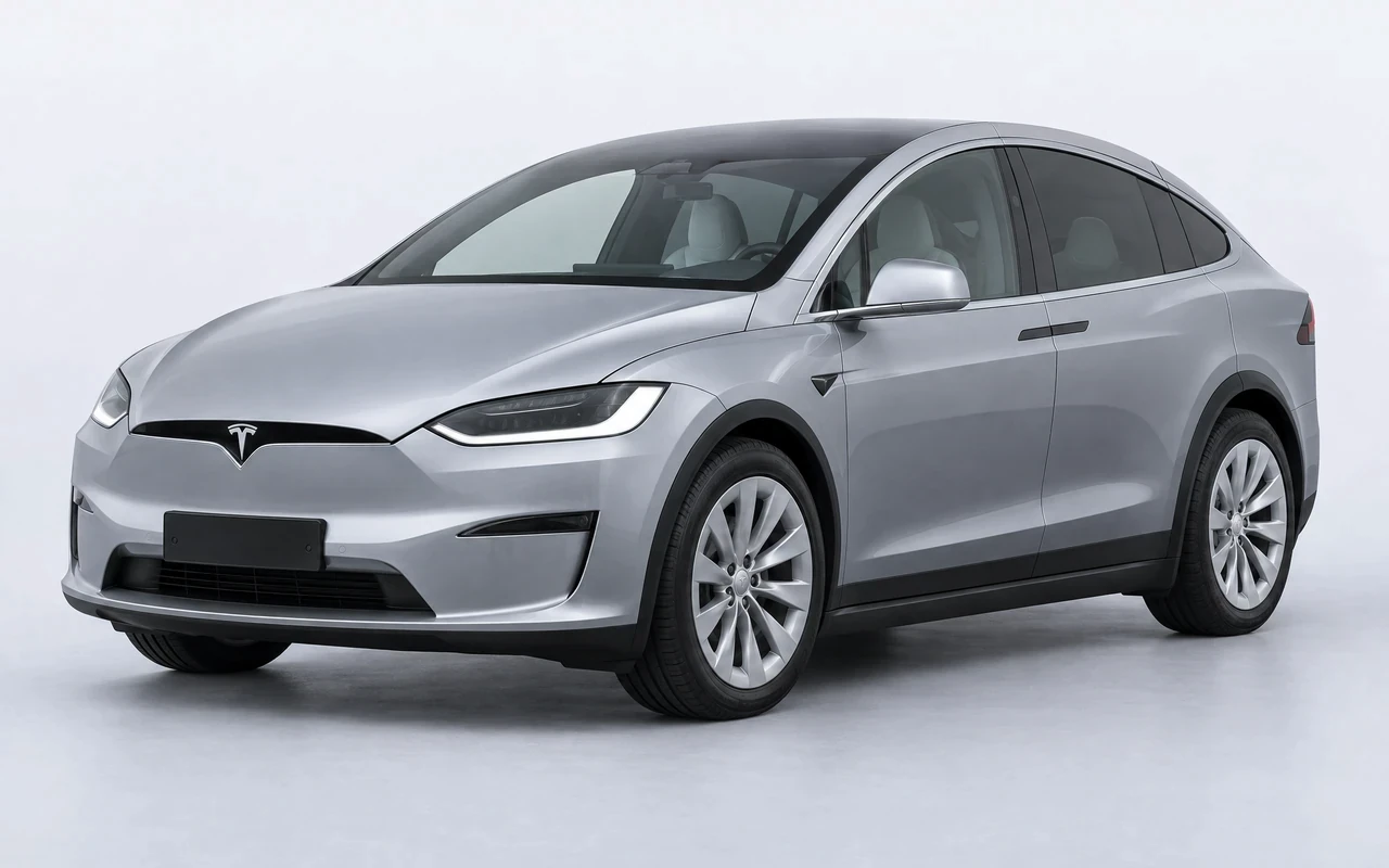 AI-genereret illustration af en sølvgrå Tesla Model X, set skråt forfra.