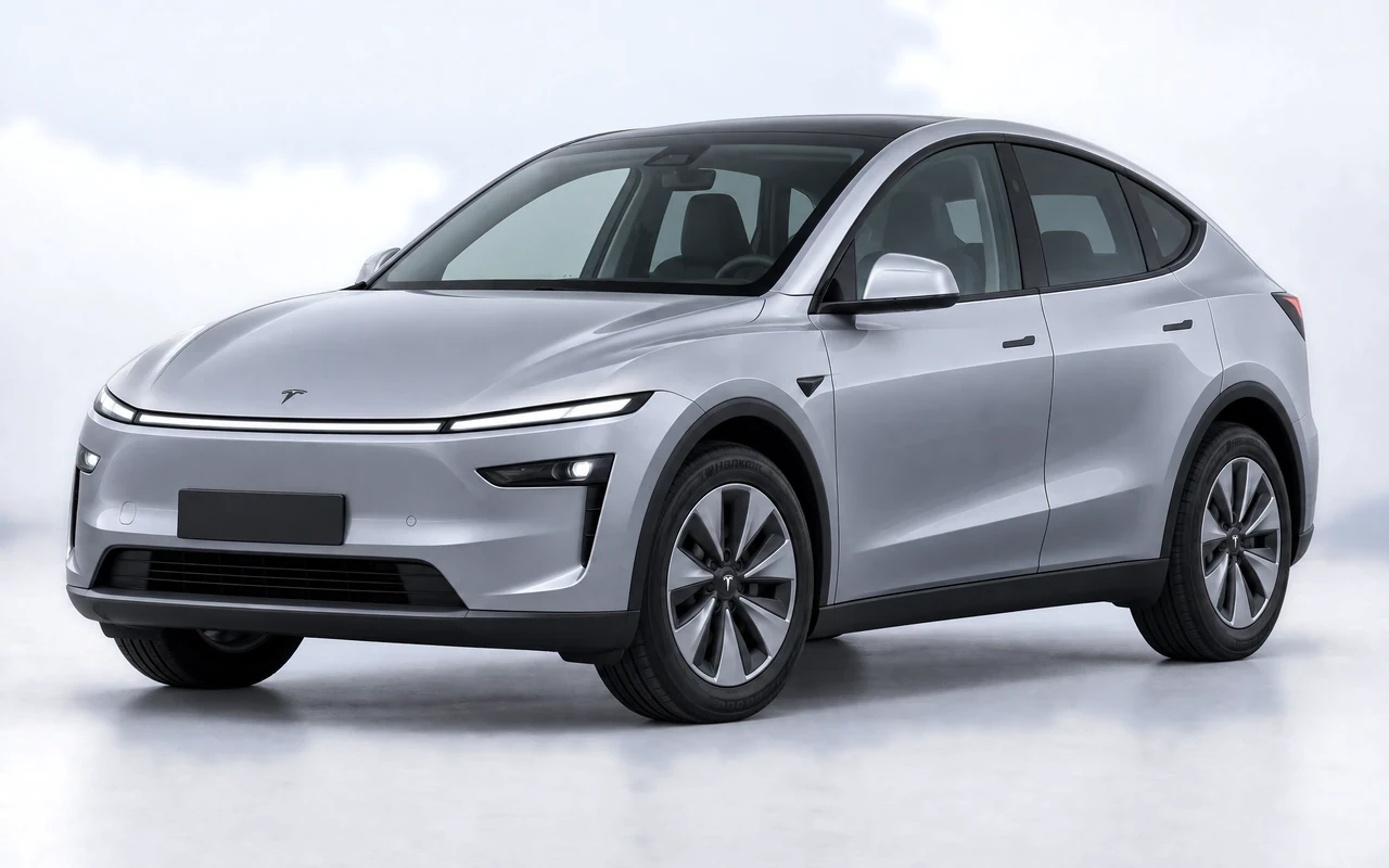 AI-genereret illustration af en sølvgrå Tesla Model Y, set skråt forfra.