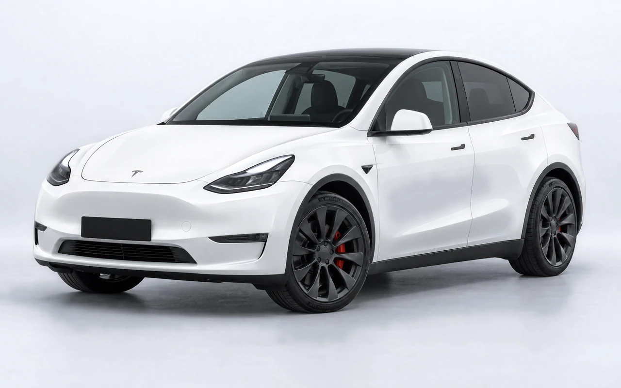 AI-genereret illustration af en hvid Tesla Model Y Performance, set skråt forfra.