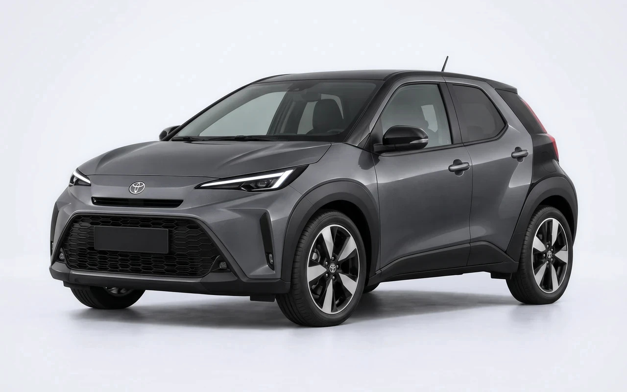 AI-genereret illustration af en mørkegrå Toyota Aygo X, set skråt forfra.