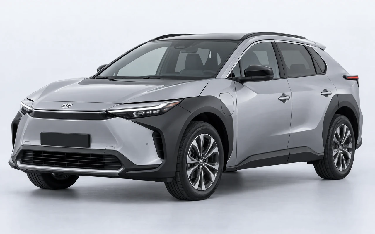AI-genereret illustration af en sølvgrå Toyota bZ4X, set skråt forfra.