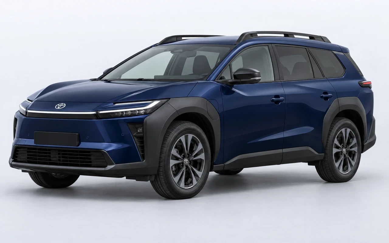 AI-genereret illustration af en mørkeblå Toyota bZ4X Touring, set skråt forfra.